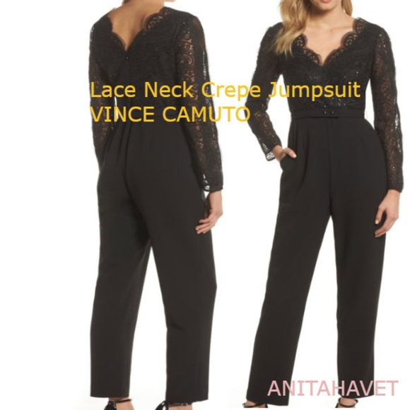 Vince Camuto Lace Neck Jumpsuit Black Size - Picture 2 of 2